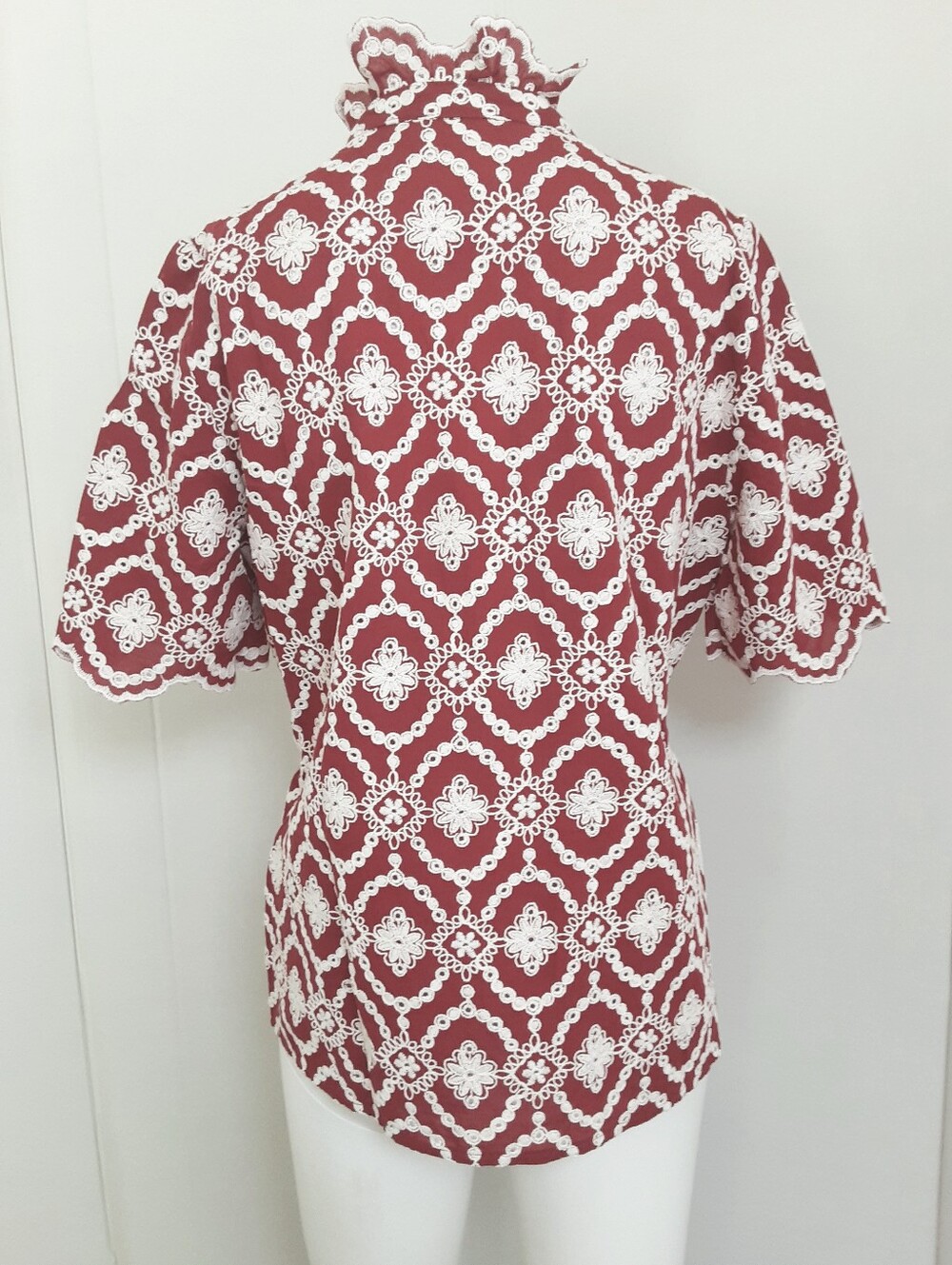 Sézane Dalhia Embroidered Burgundy|Cream Short Sleeve Shirt Blouse Sz 36 NWT - Picture 6 of 9